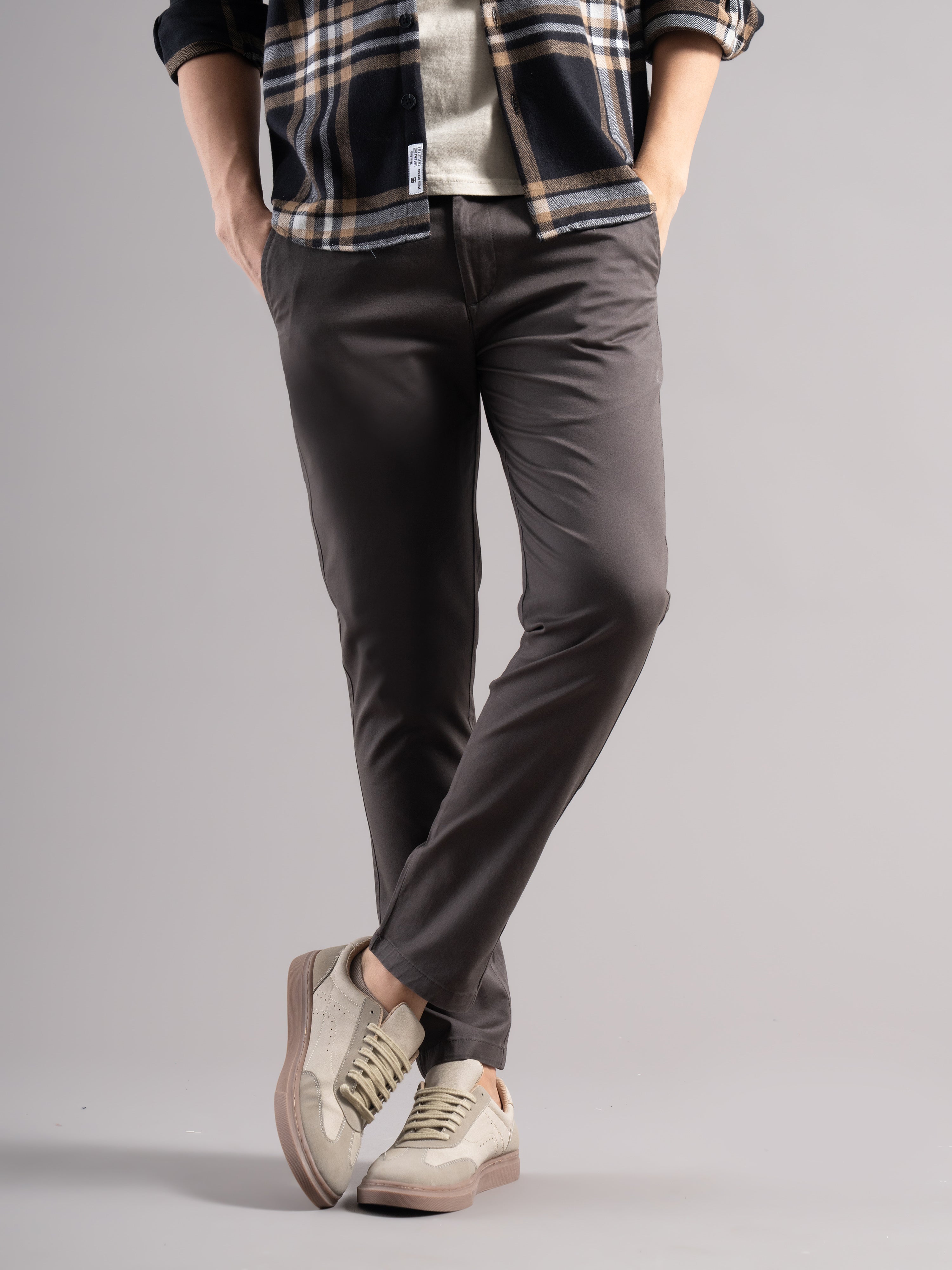 Men Grey Elastic Drawstring Trousers