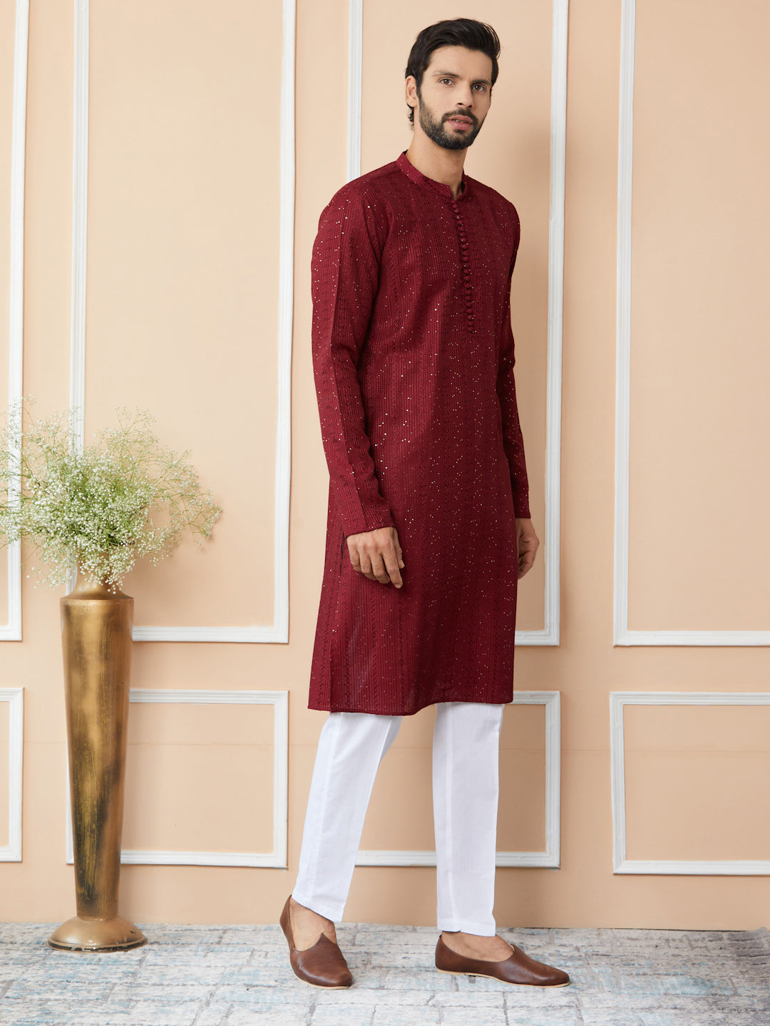 Men Dark Maroon Embroidered Thread Work Sequinned Chanderi Silk Straight Kurta