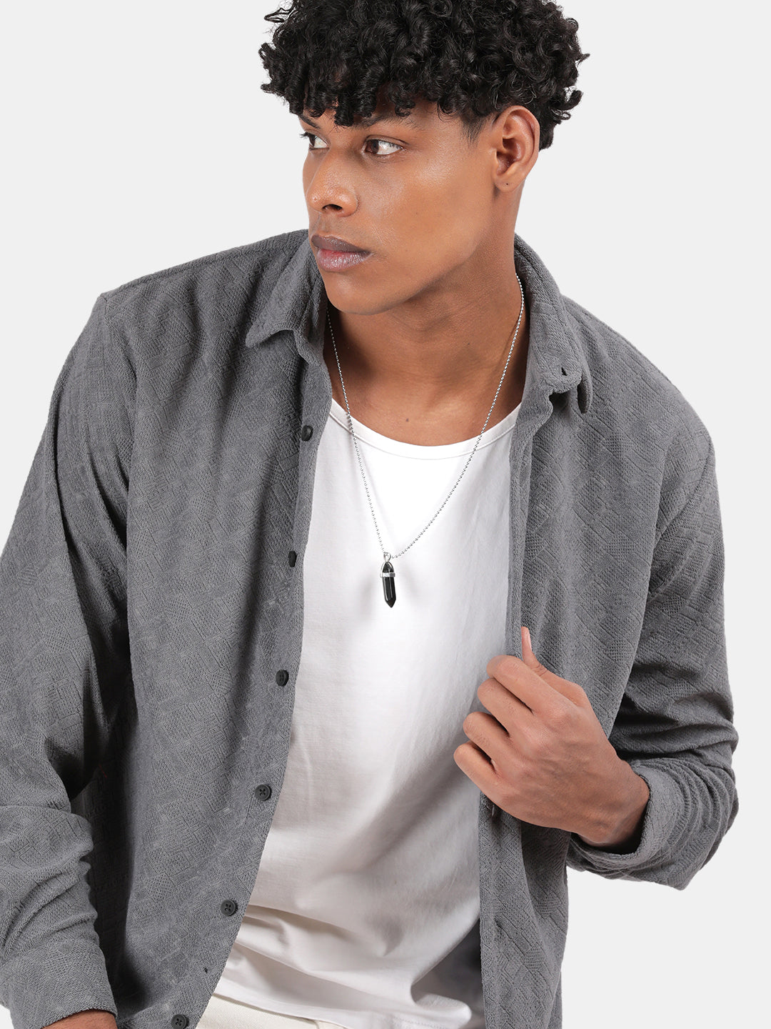 Men Grey Slim Fit Spread Collar Full Sleeve Casual Shirt