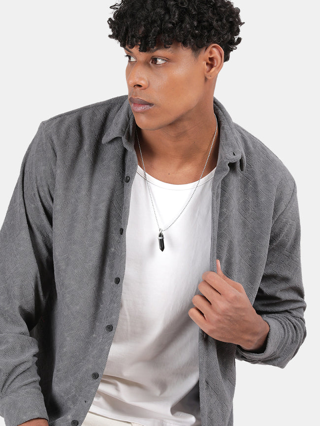 Men Grey Slim Fit Spread Collar Full Sleeve Casual Shirt