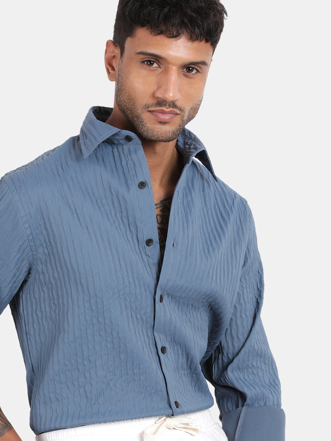Men Blue Slim Fit Spread Collar Full Sleeve Casual Shirt