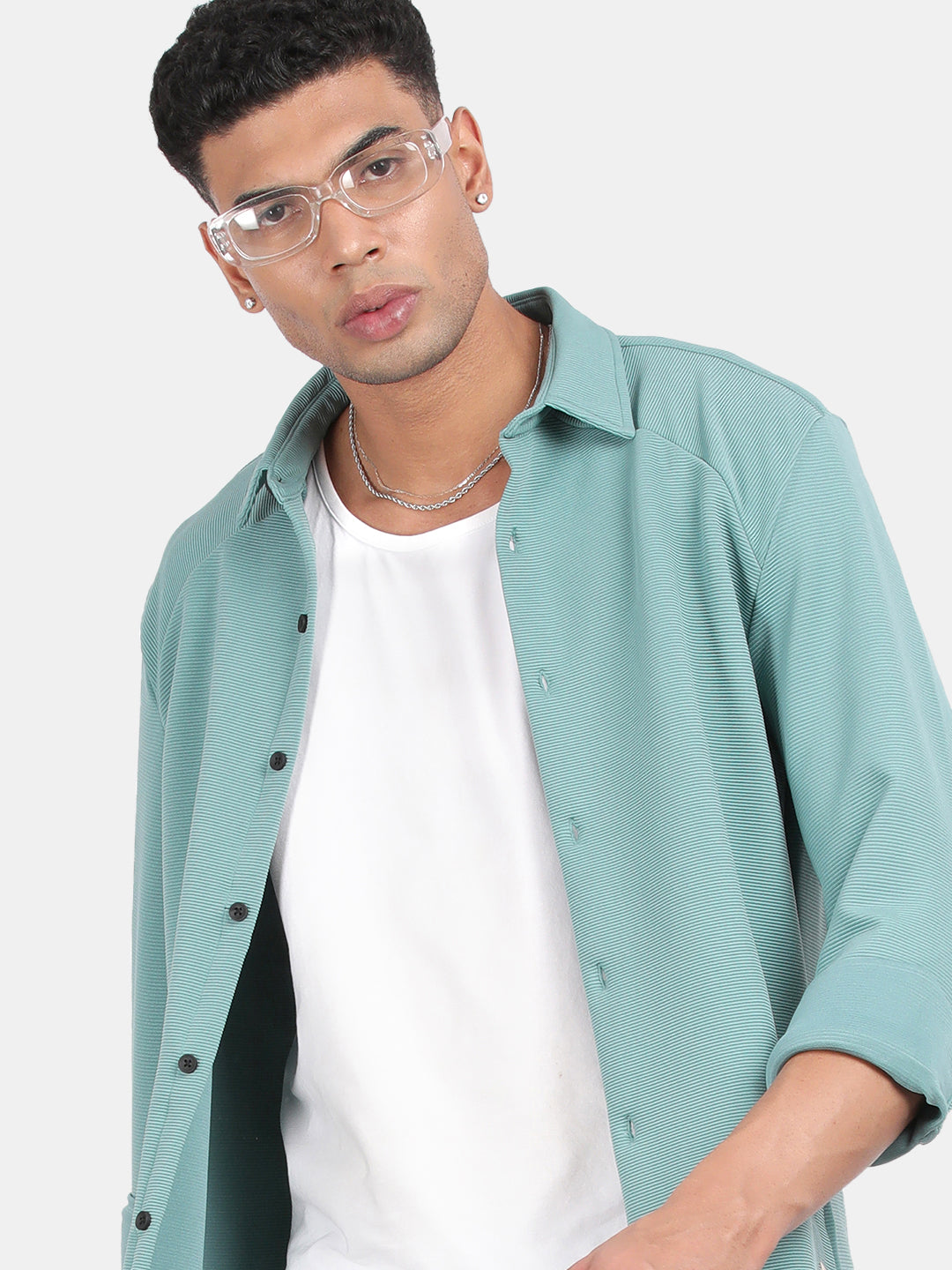 Men Light Green Slim Fit Spread Collar Full Sleeve Casual Shirt