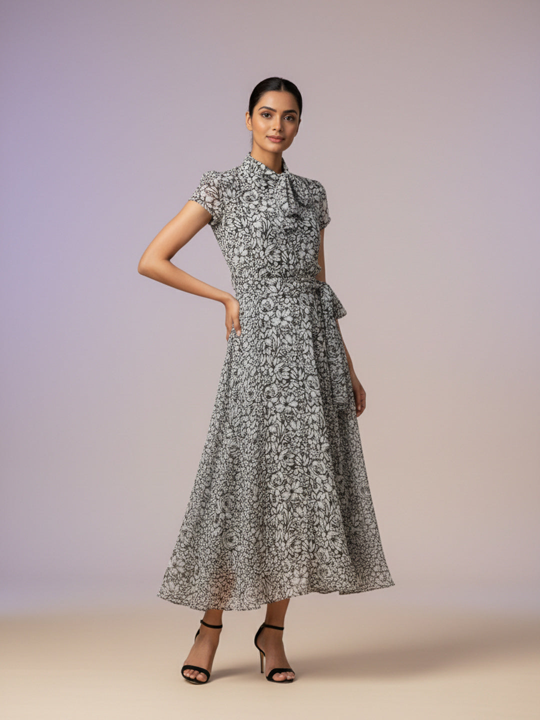 Women Floral Chiffon Flared Midi Dress