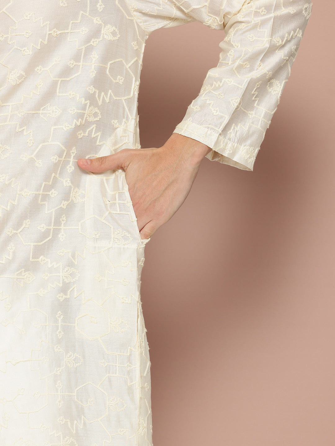 Men Off White Embroidered Chanderi Silk Kurta