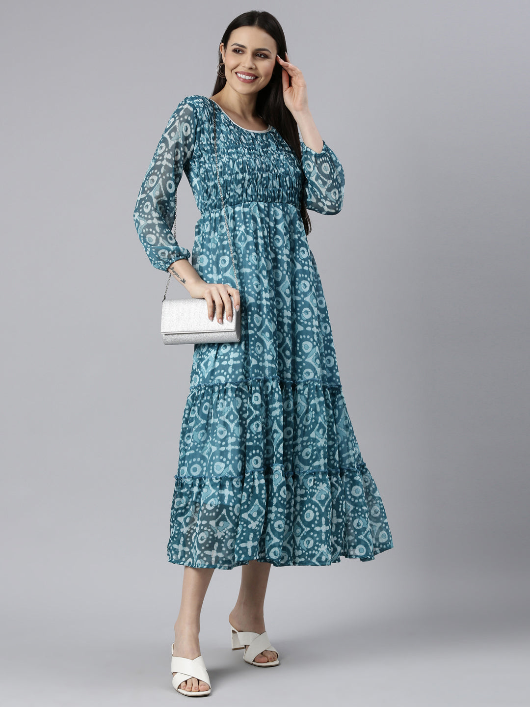 Women Blue Floral Chiffon Dress