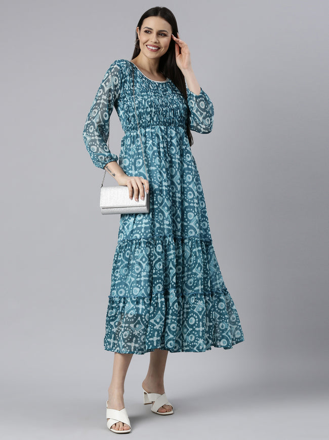 Women Blue Floral Chiffon Dress