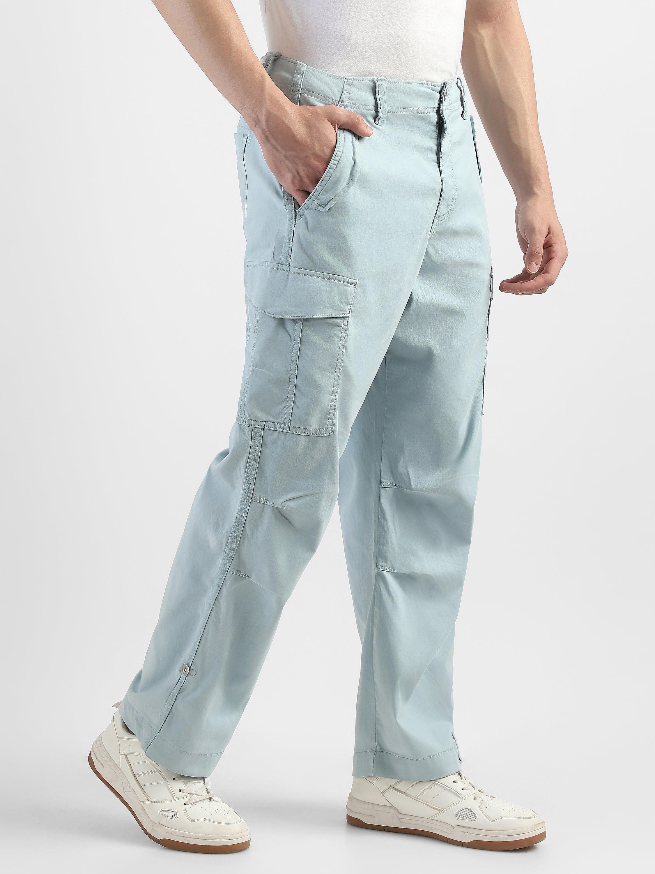 Men Light Blue Mid Rise Comfort Fit Cargo with 6 pockets