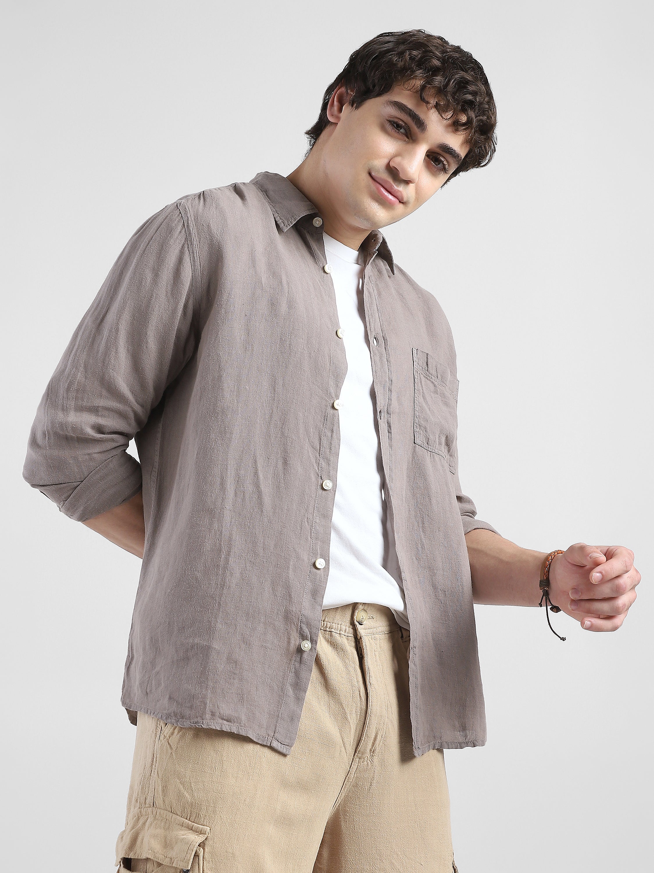 Men 100% Linen Brown Regular Fit Shirt