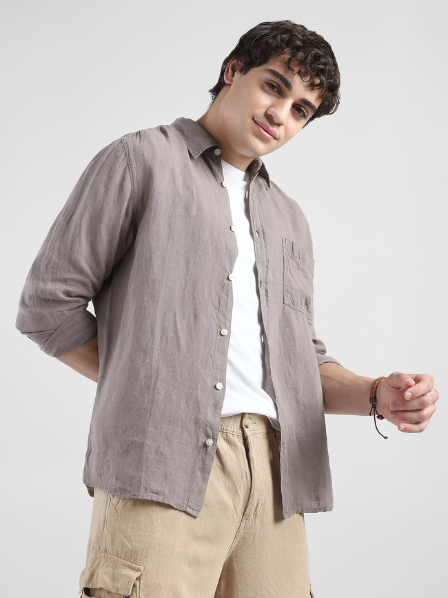 Men 100% Linen Brown Regular Fit Shirt