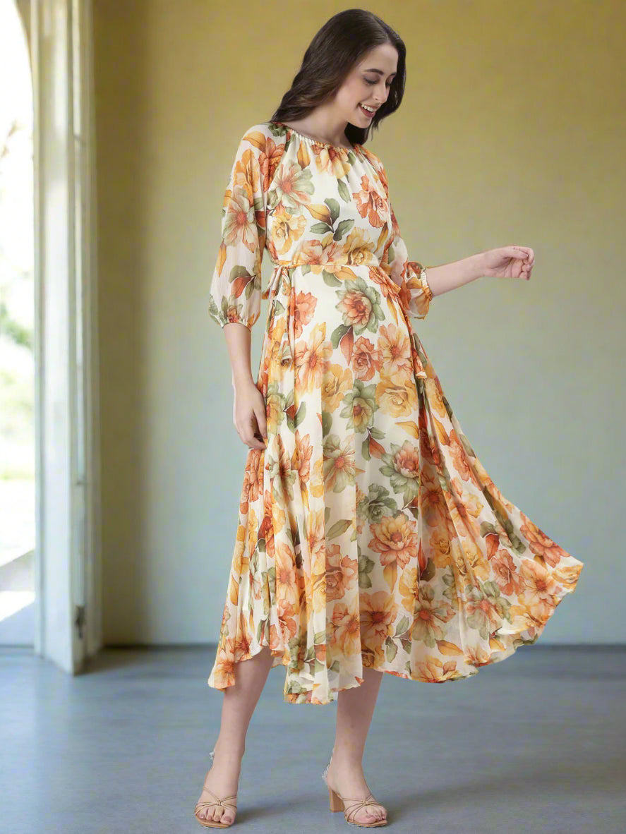 Women Cream Floral Chiffon Dress