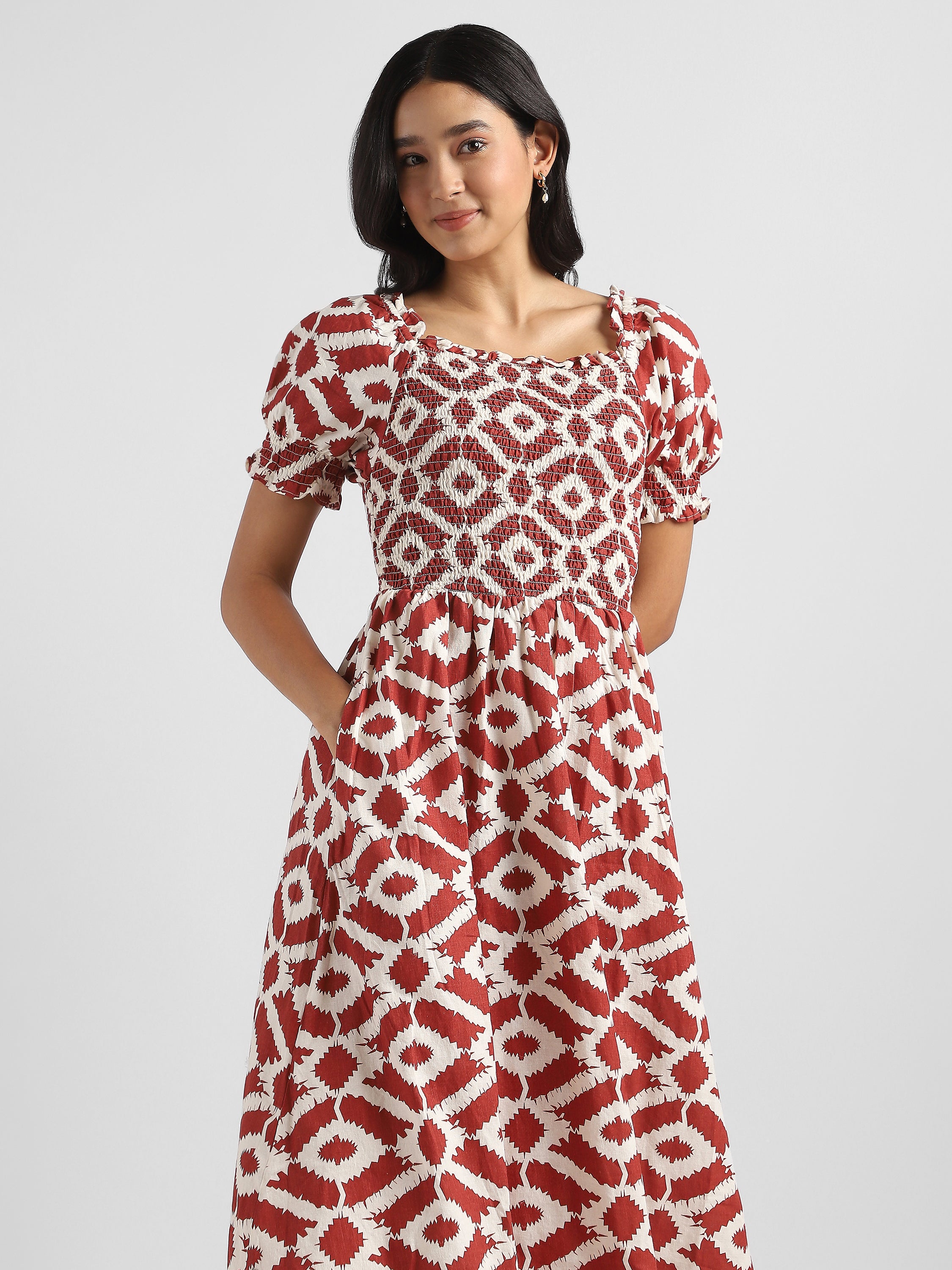 Women Printed Brown Baloon Sleeve Maxi Dress