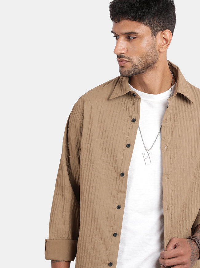 Men Brown Slim Fit Spread Collar Full Sleeve Casual Shirt