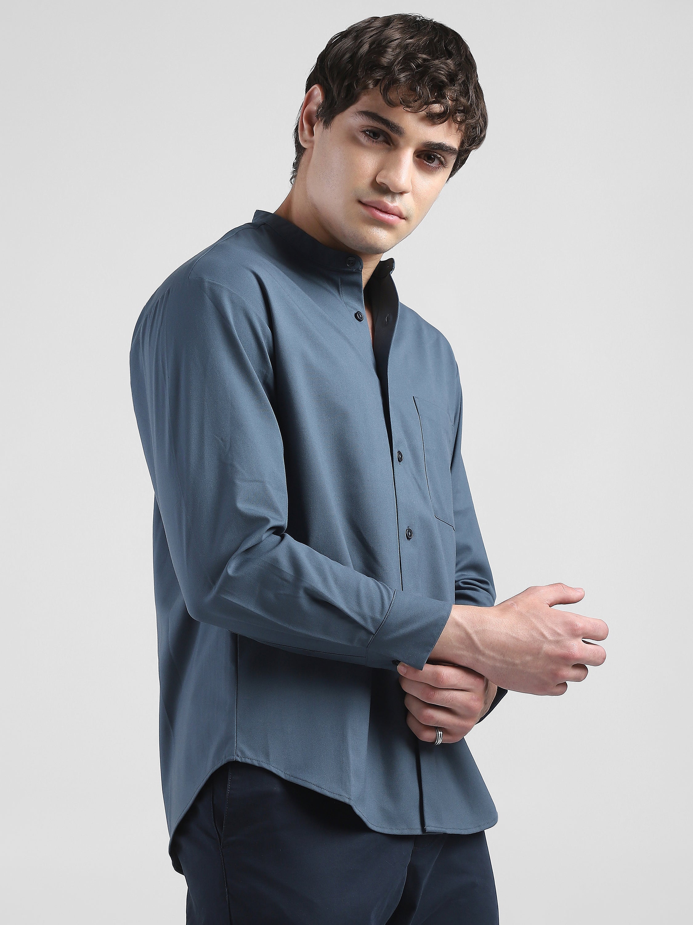 Men Grey Mandarin Collar Regular Fit Shirt