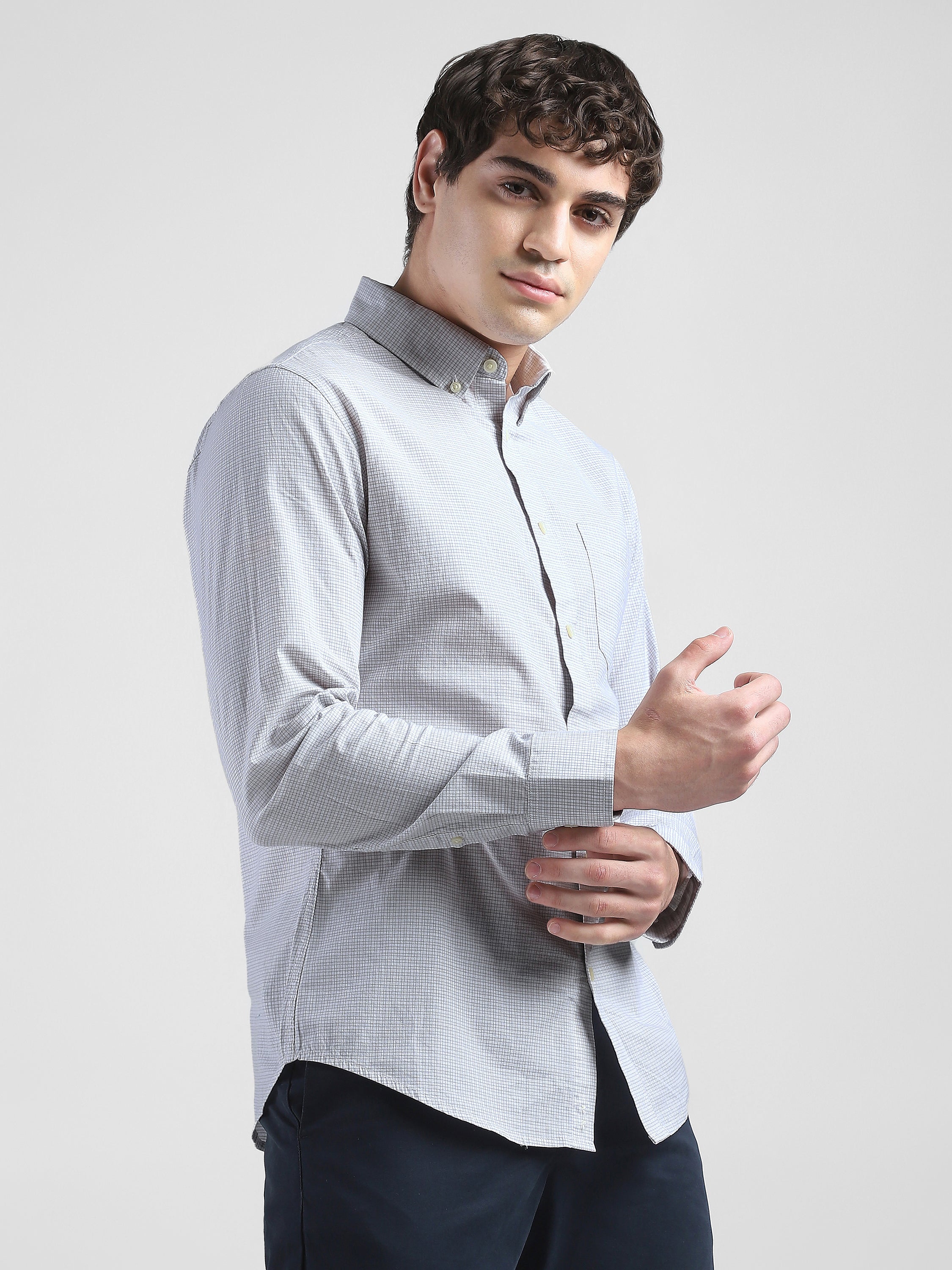 Men Light Grey Checked Regular Fit Shirt
