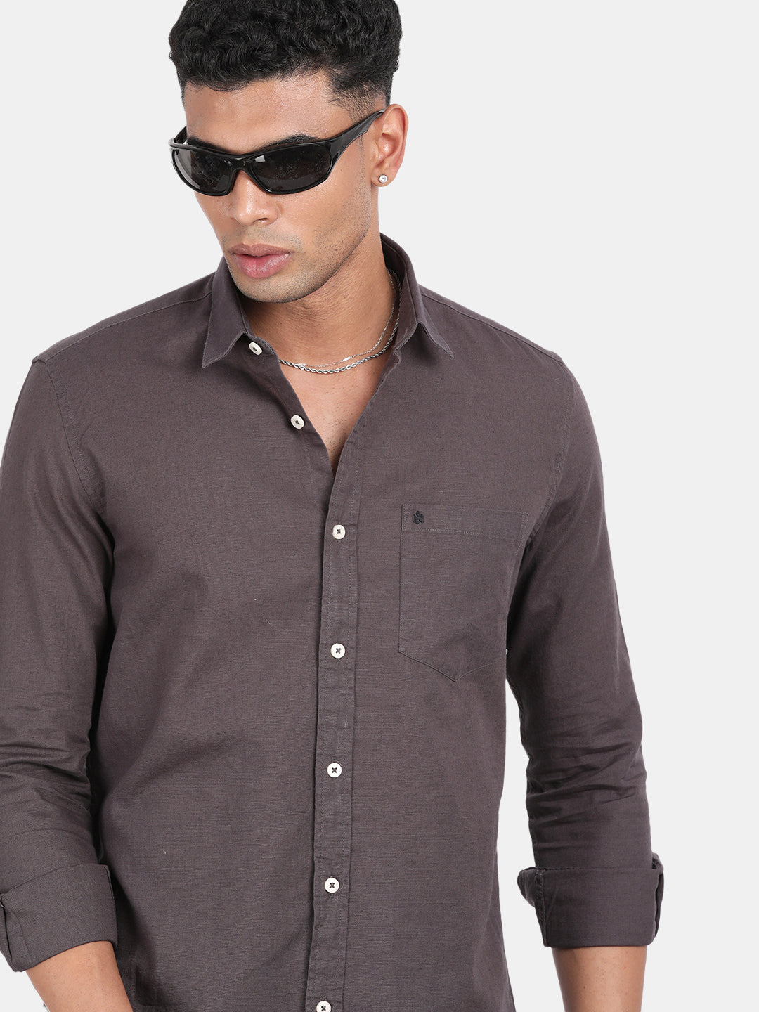 Men Grey Slim Fit Spread Collar Full Sleeve Casual Shirt