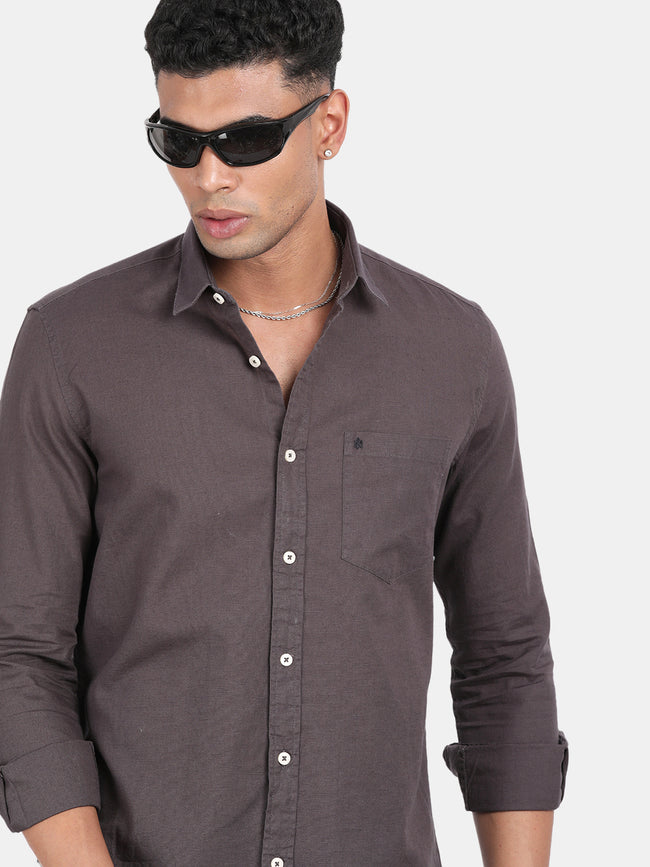 Men Grey Slim Fit Spread Collar Full Sleeve Casual Shirt