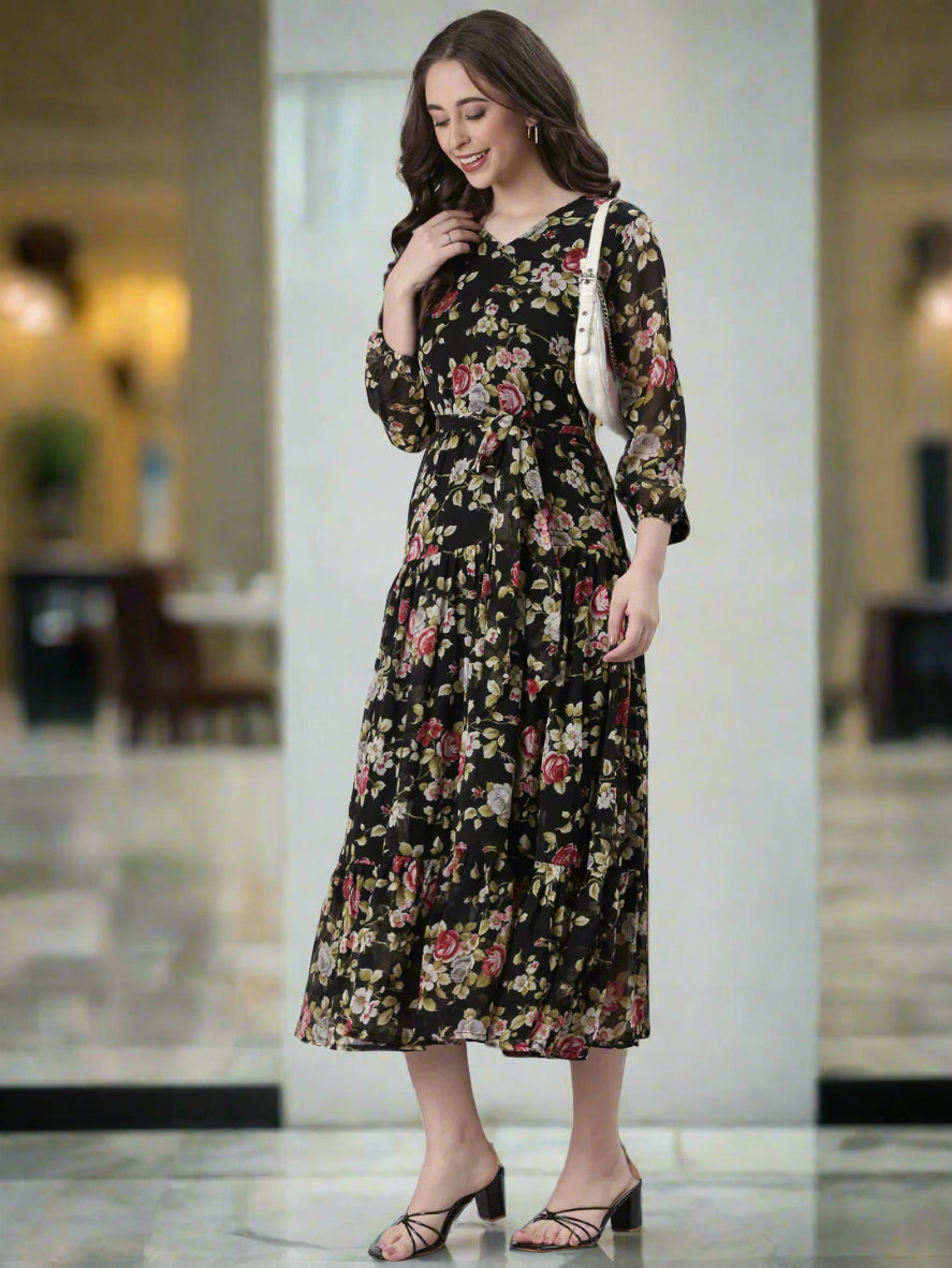 Women Black Floral Chiffon Dress