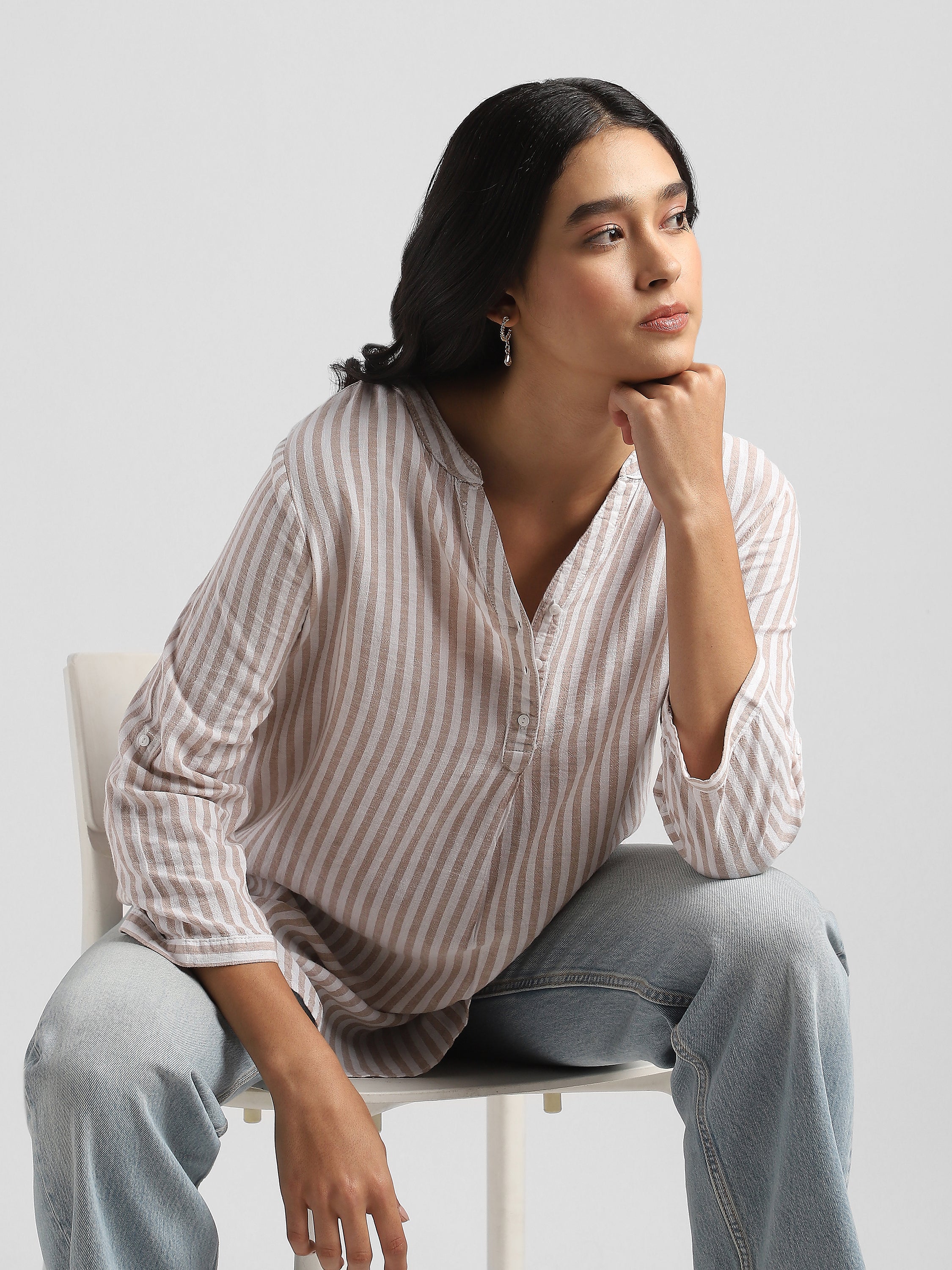 Women  Striped High-Low Hem Cotton Blend Top