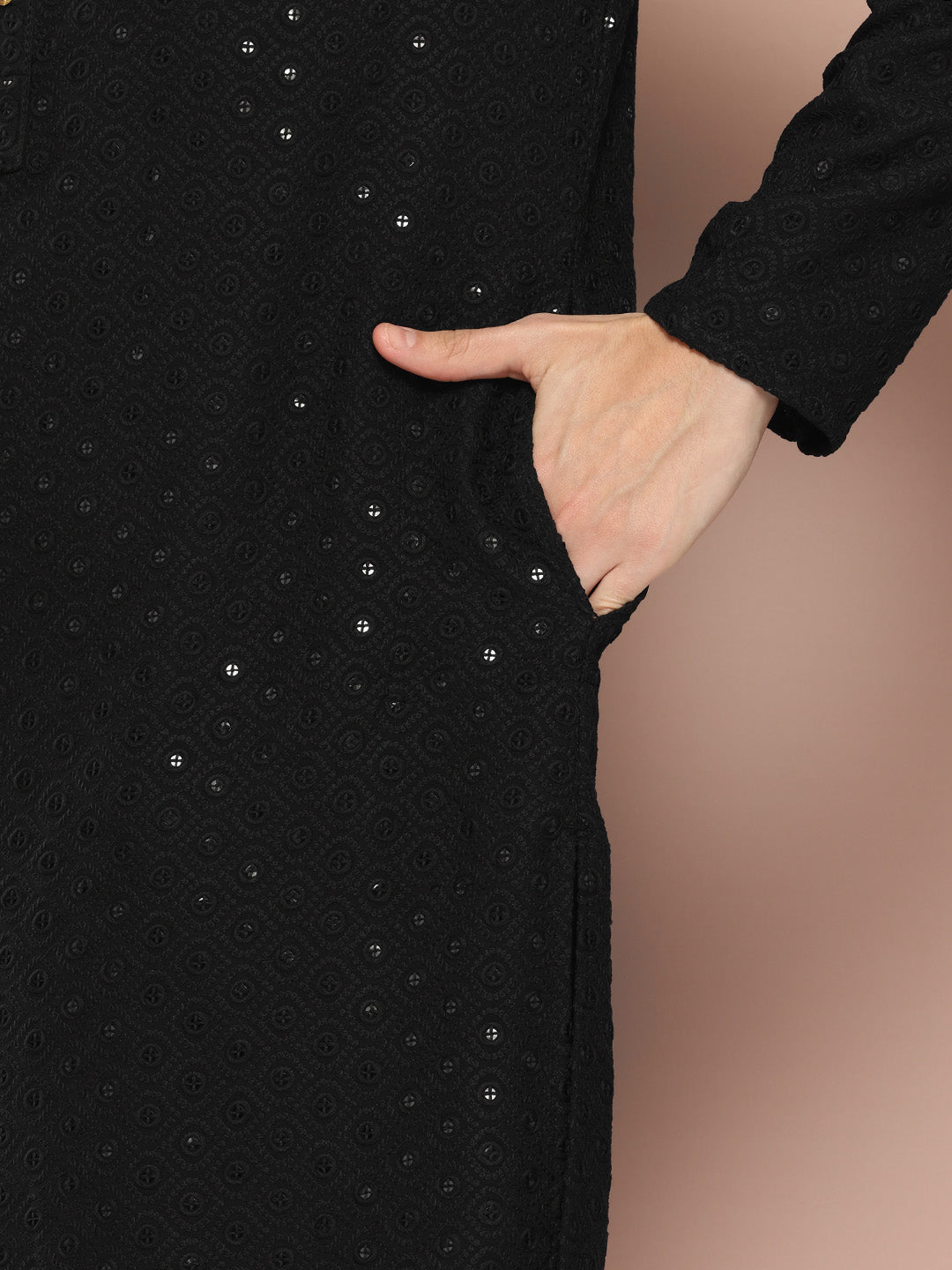 Men Black Embroidered Sequined Rayon Kurta