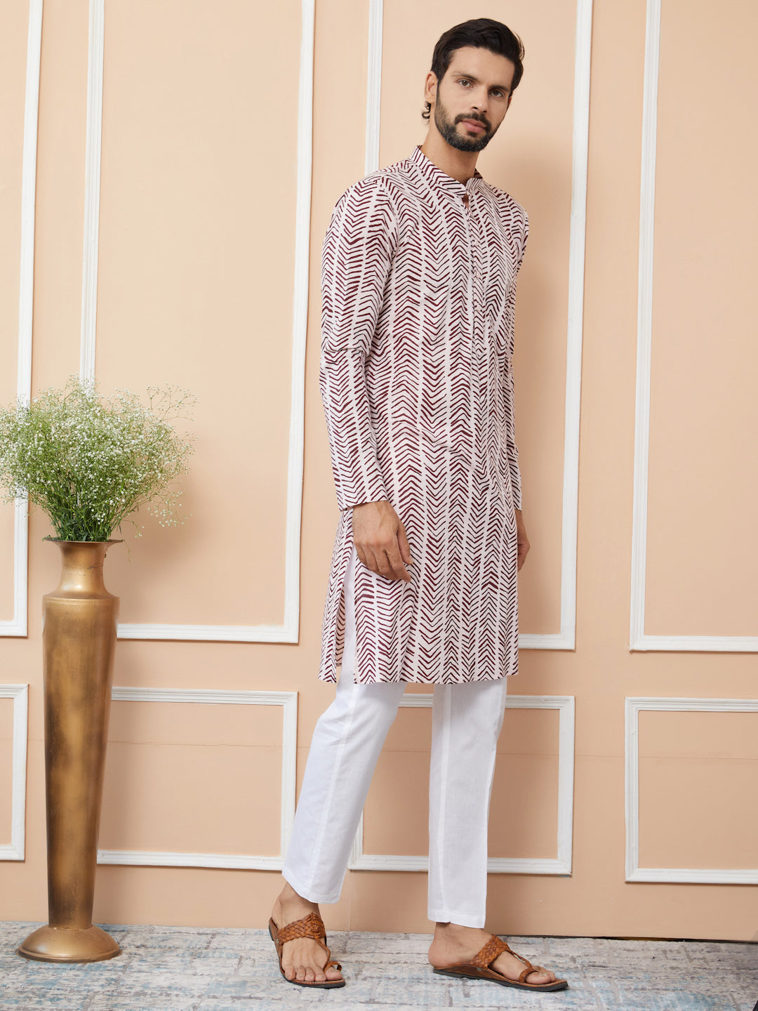 Men Baby Pink-Brown Printed Pure Cotton Straight Kurta