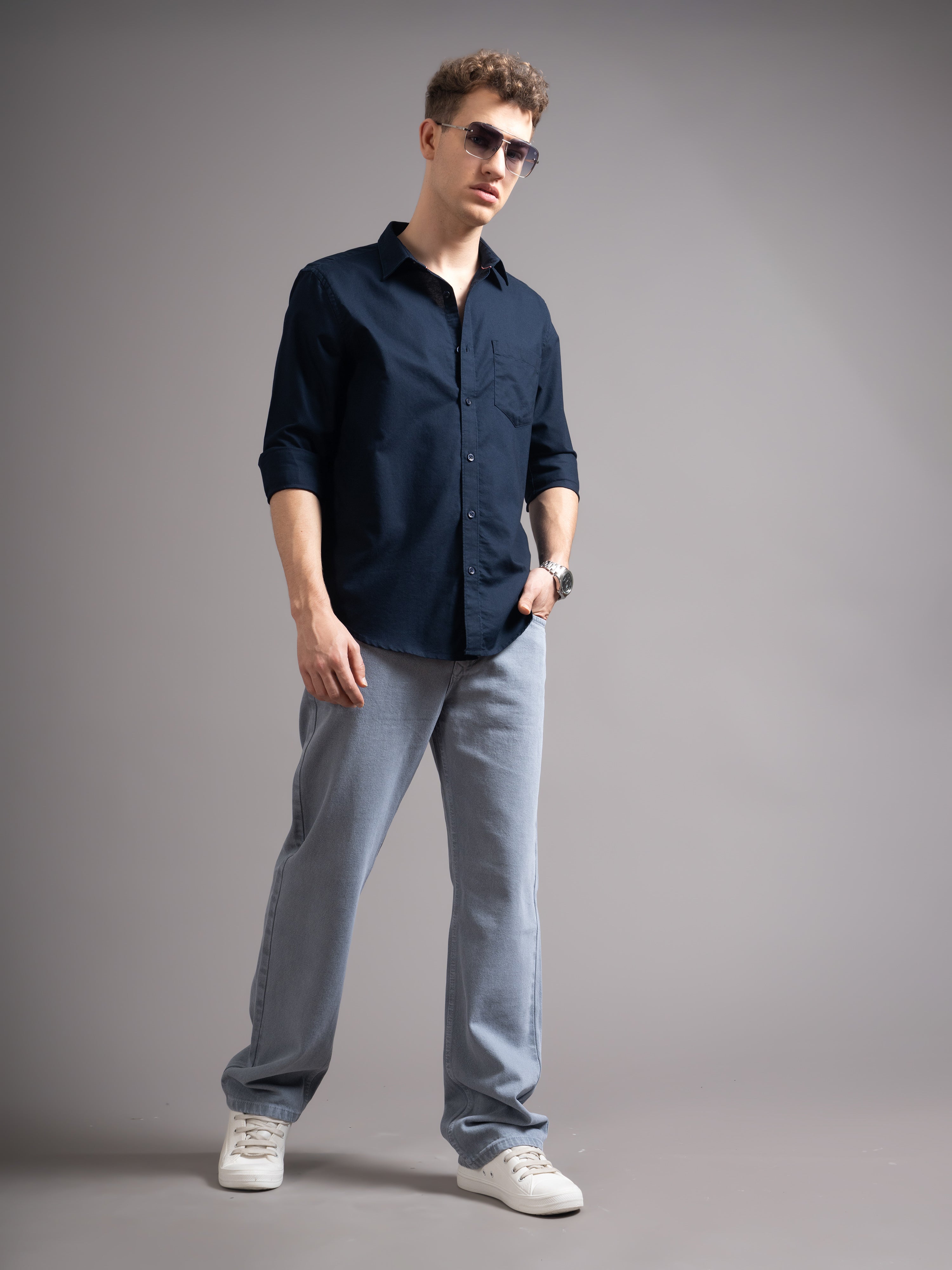 Men Navy Blue Casual Shirt