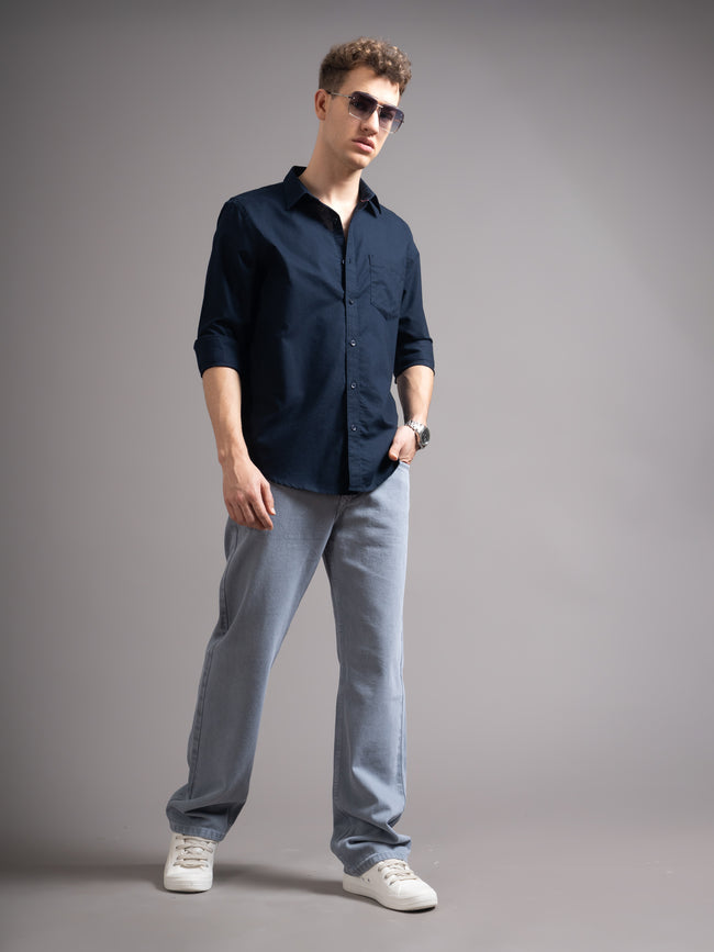 Men Navy Blue Casual Shirt
