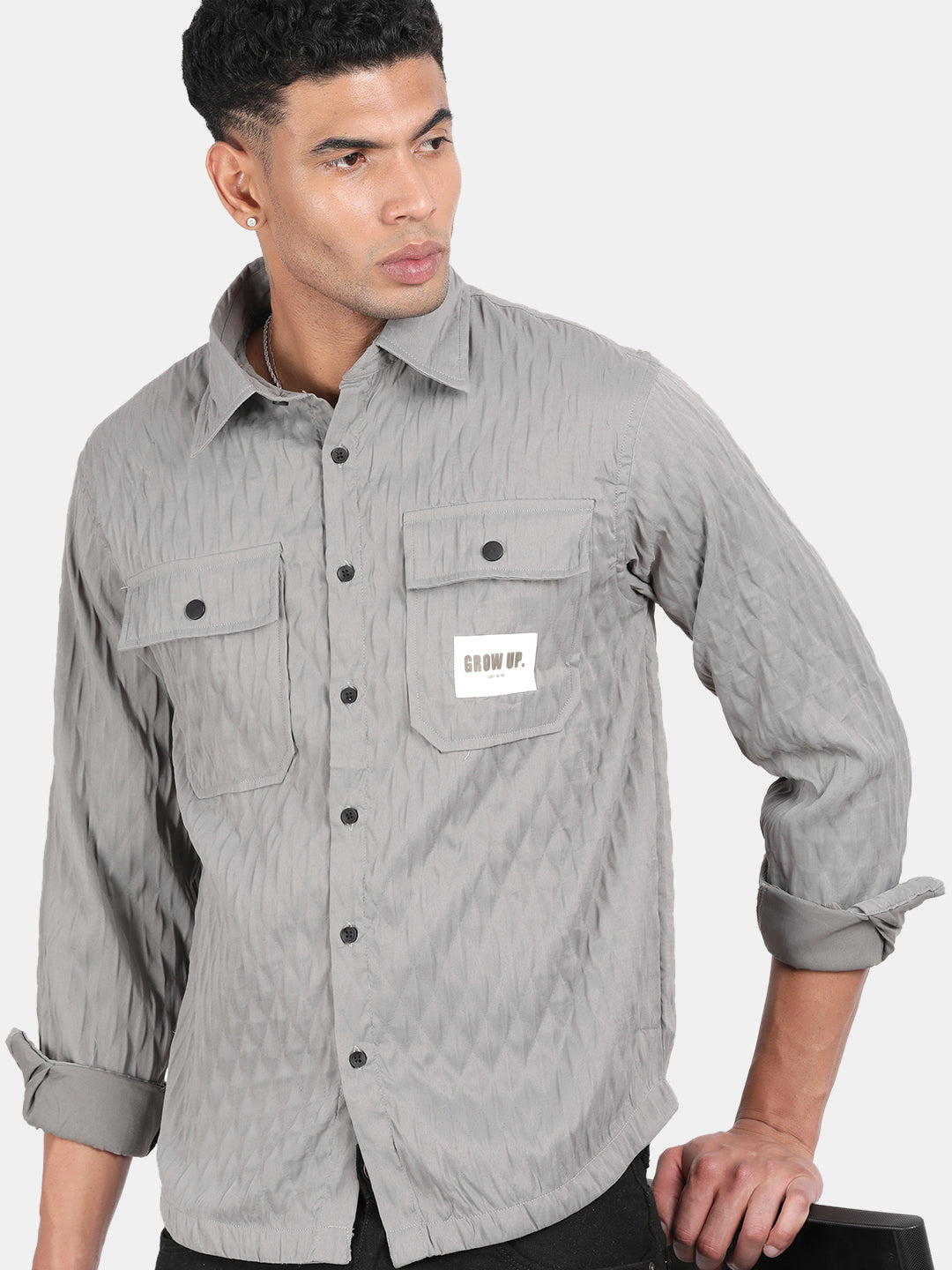 Men Grey Slim Fit Spread Collar Full Sleeve Casual Shirt