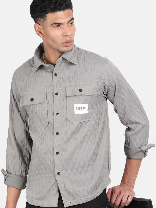 Men Grey Slim Fit Spread Collar Full Sleeve Casual Shirt