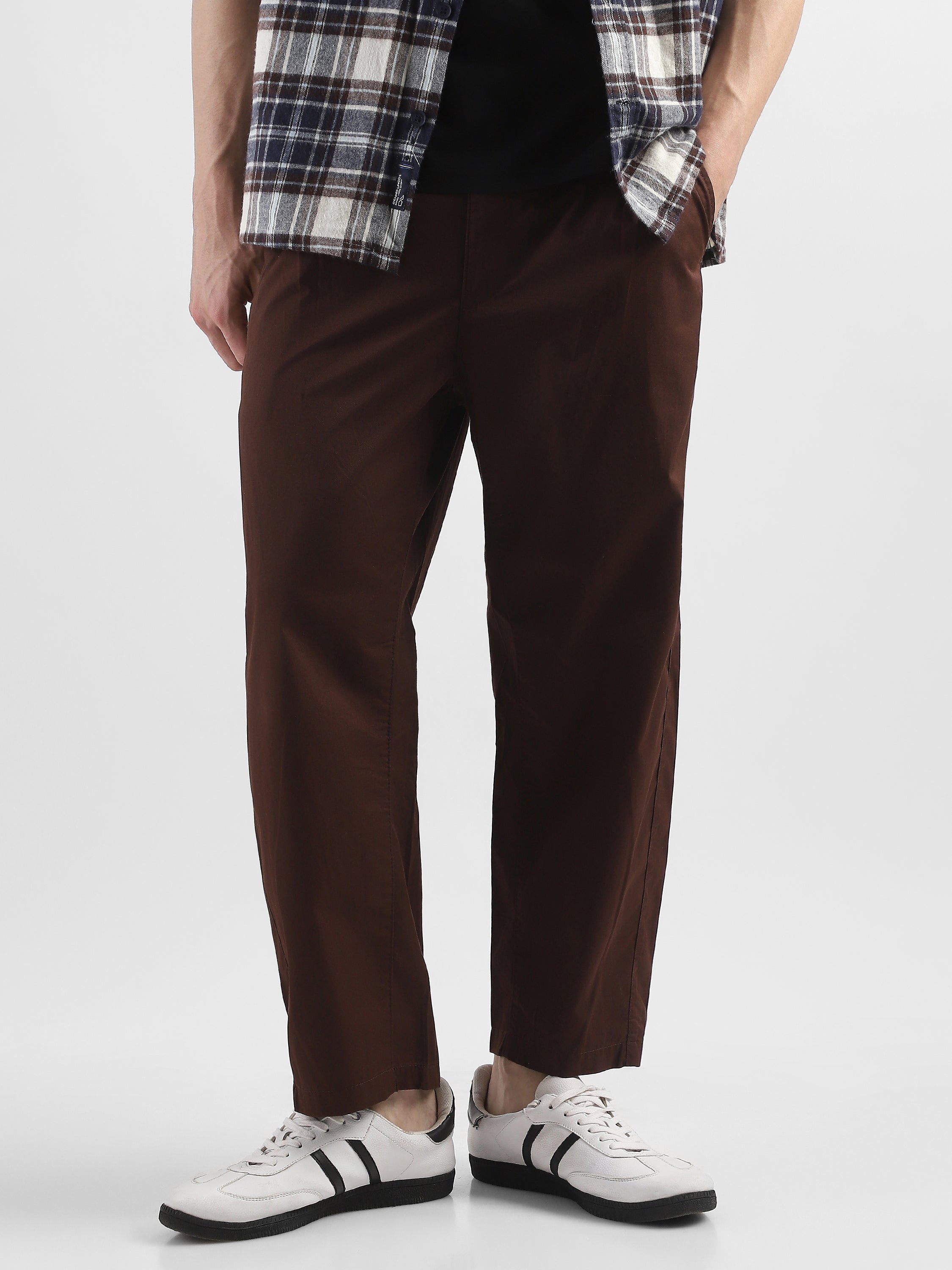 Men Brown Pleated Mid Rise Comfort Fit Trousers