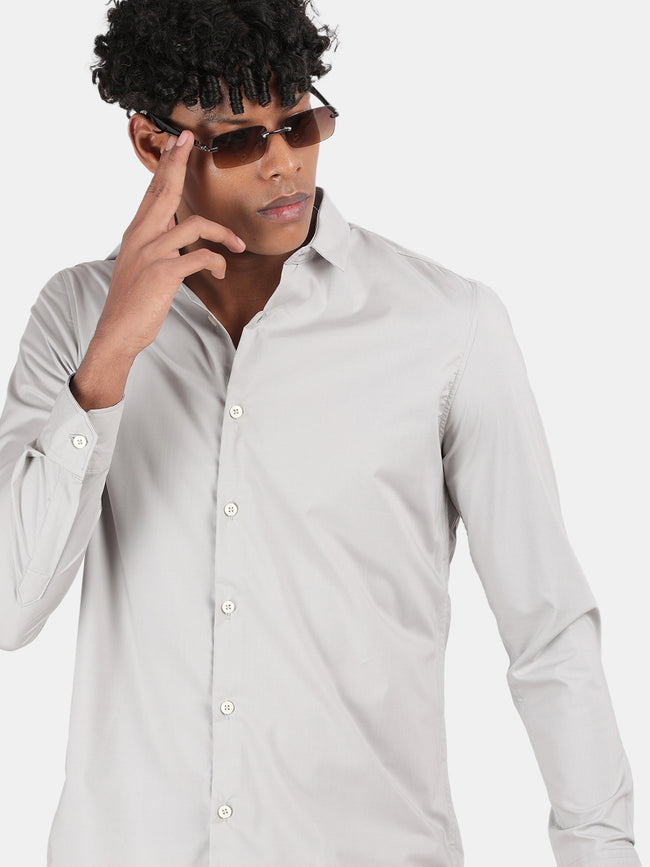 Men Silver Slim Fit Spread Collar Full Sleeve Casual Shirt