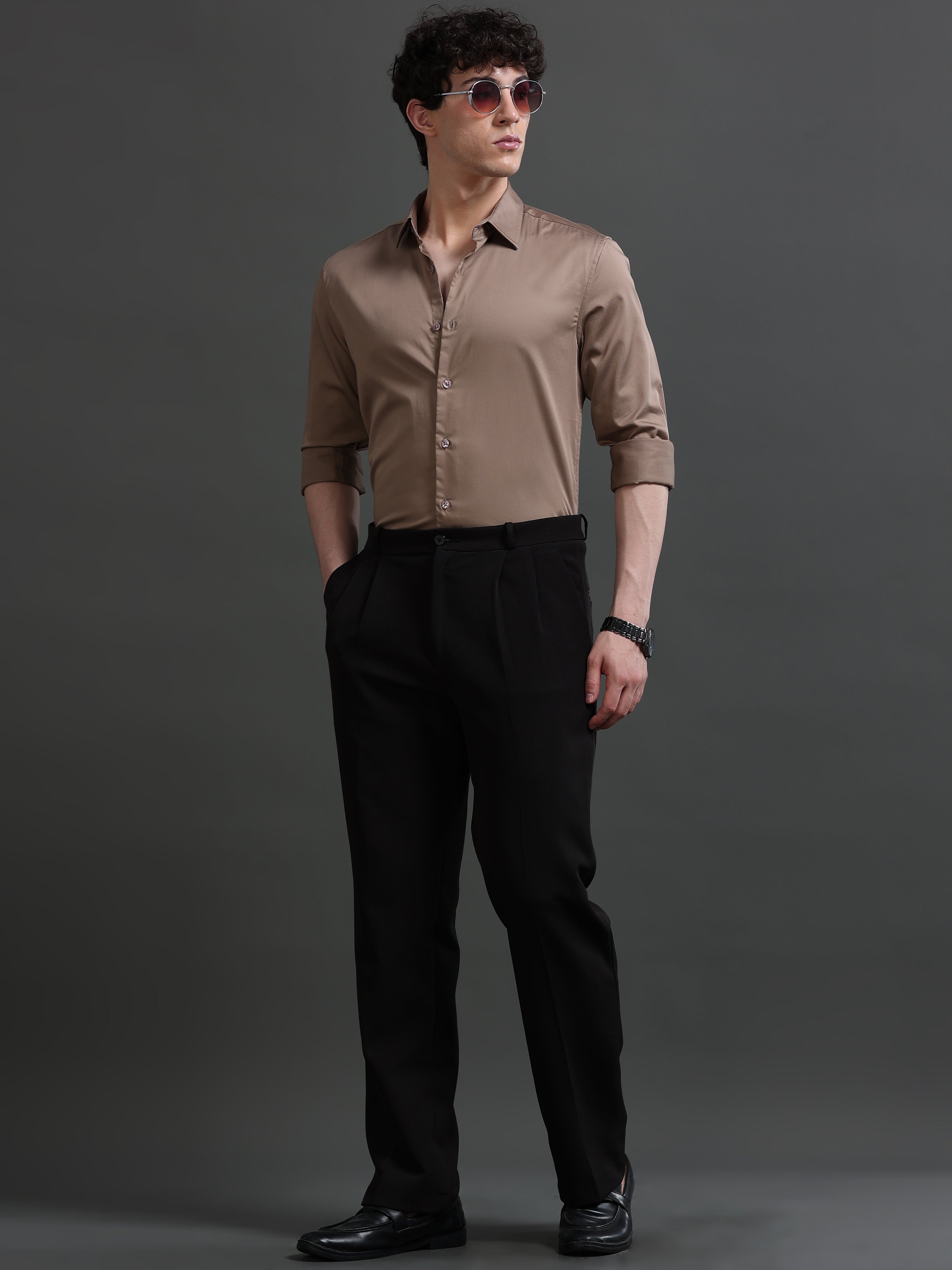 Men Khaki Solid Shirt