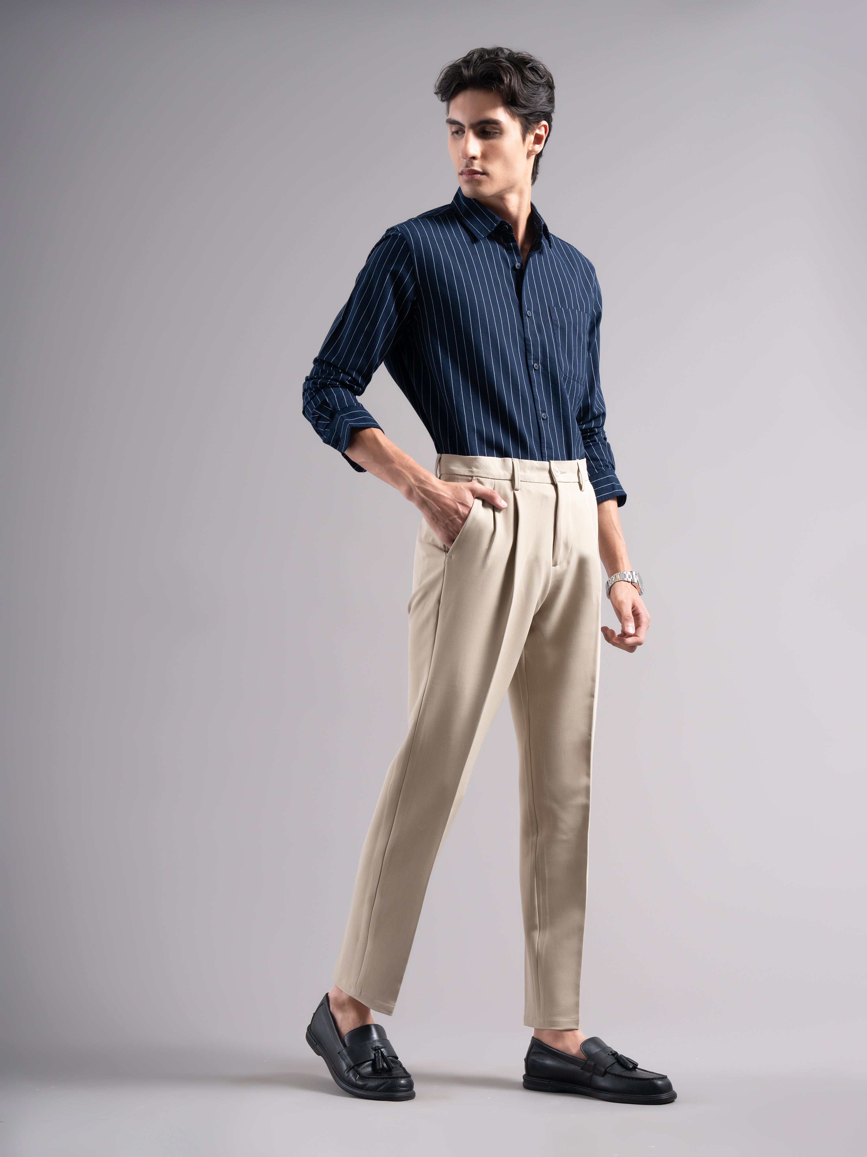 Men Beige Pleated Chinos Trousers
