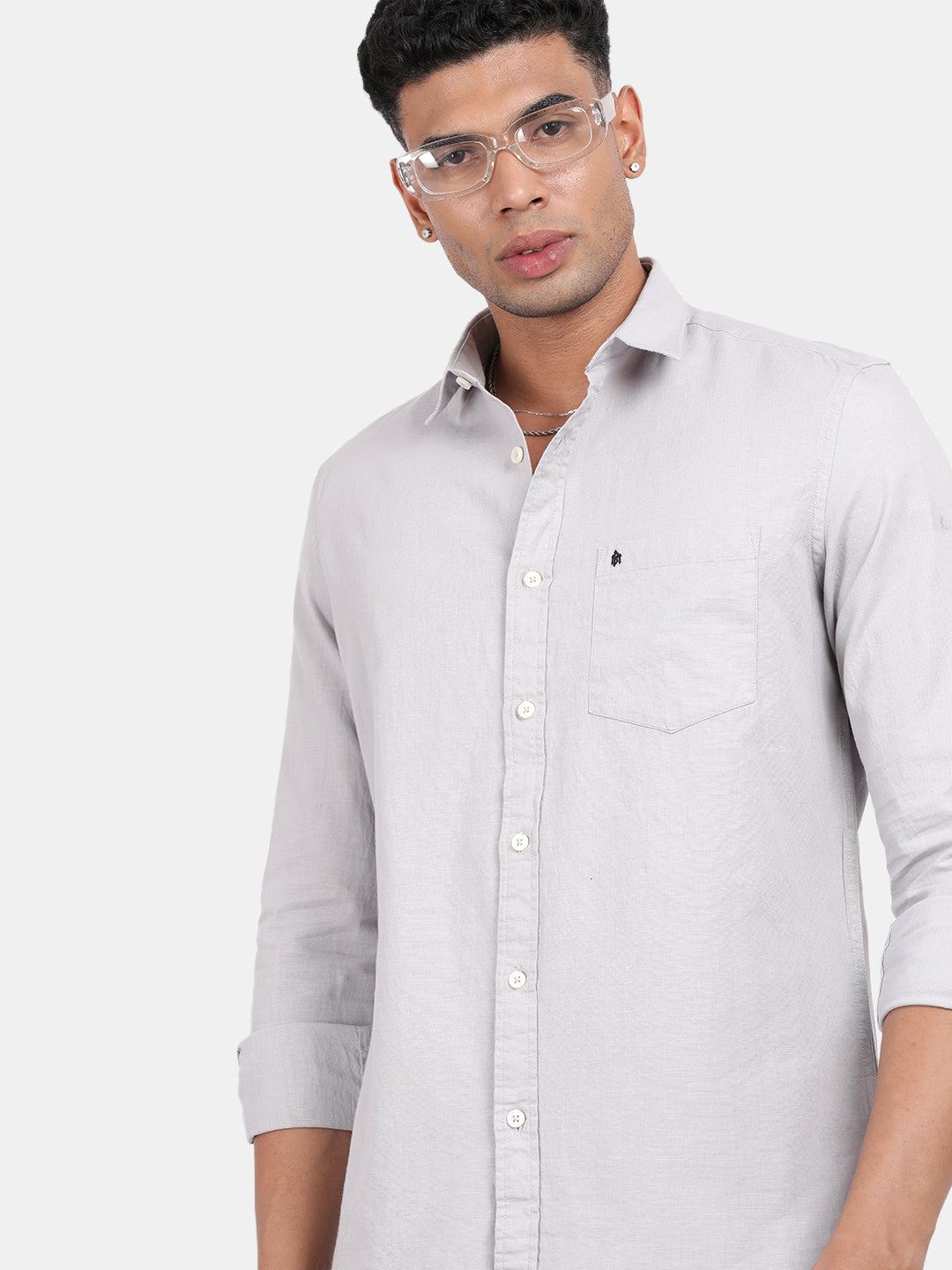 Men Silver Slim Fit Spread Collar Full Sleeve Casual Shirt