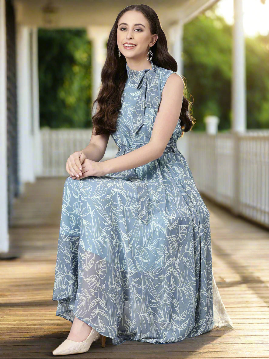 Women Grey Floral Chiffon Maxi Dress