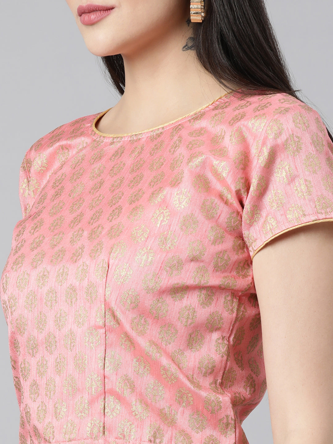 Pink Solid Short Sleeves Mandarin Collar Dupion Silk Knot Blouse