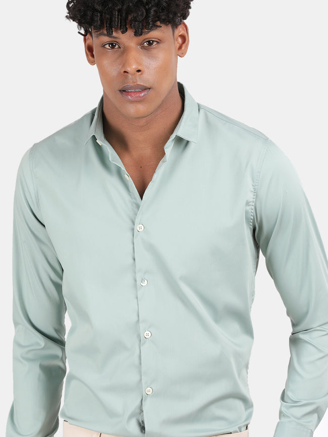 Men Light Green Slim Fit Spread Collar Full Sleeve Casual Shirt