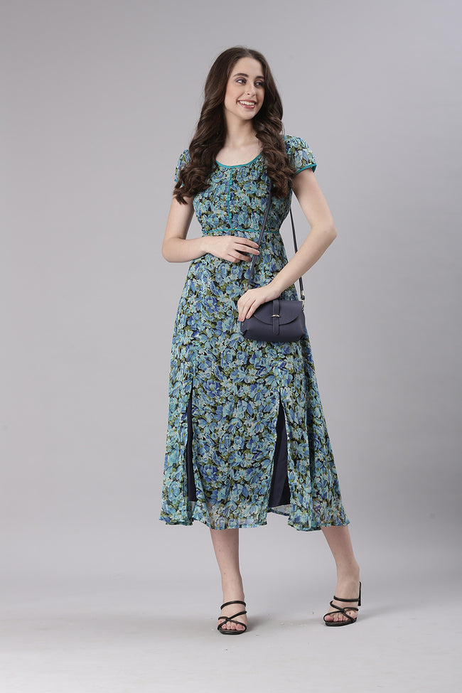 Women Blue Floral Printed Fit & Flare Dress FYVA Women Blue Floral Printed Fit & Flare Dress FYVA