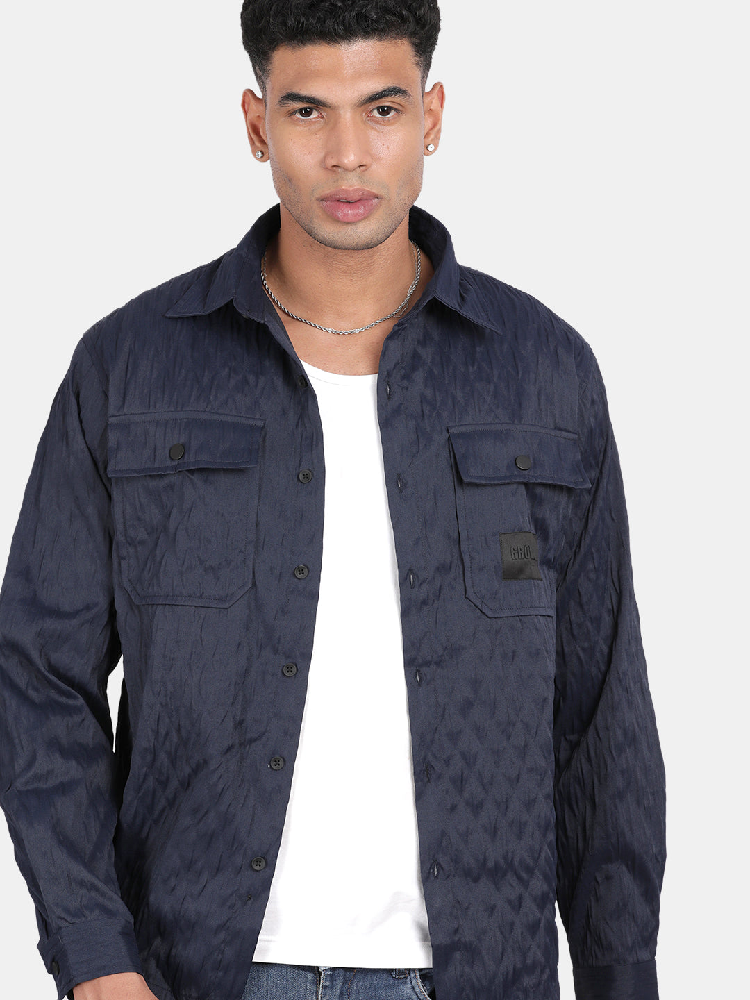Men Navy Slim Fit Spread Collar Full Sleeve Casual Shirt