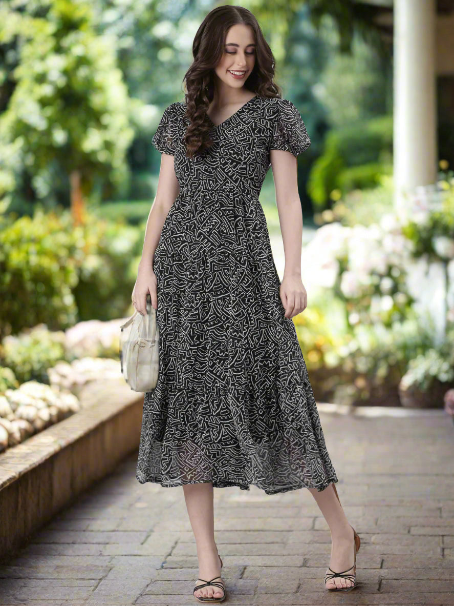 Women Black Floral Chiffon Maxi Dress