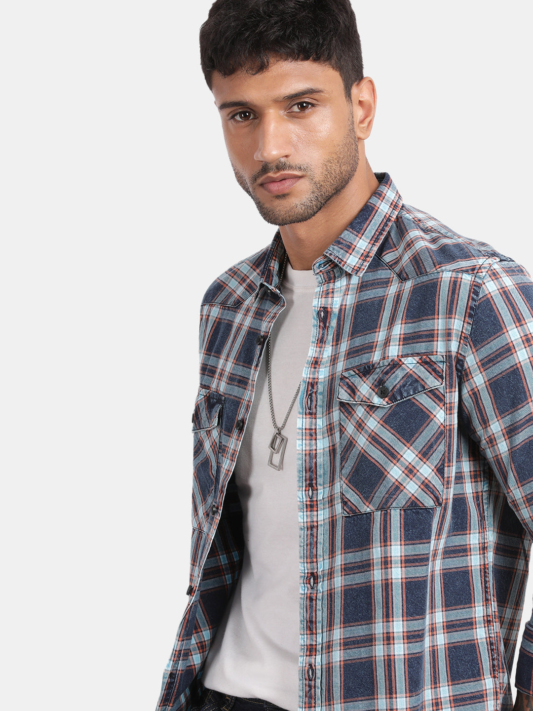 Men Navy Slim Fit Spread Collar Full Sleeve Casual Shirt