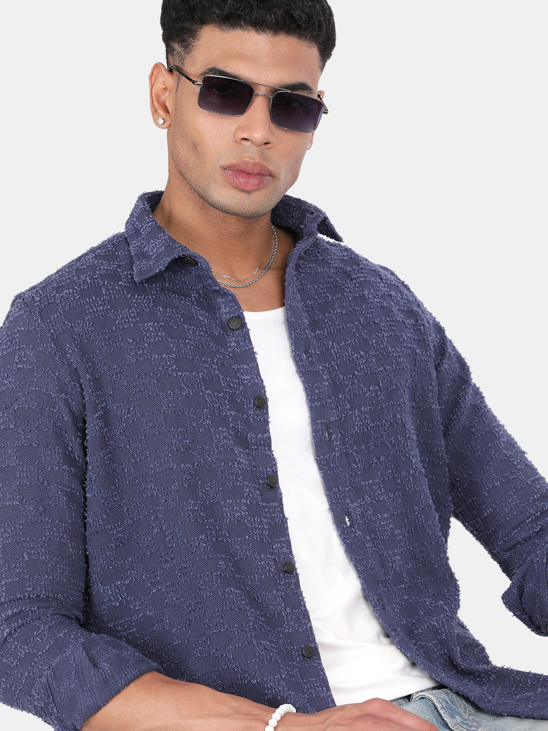 Men Navy Slim Fit Spread Collar Full Sleeve Casual Shirt