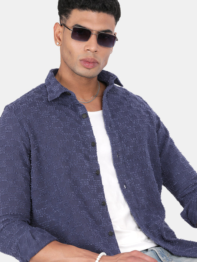 Men Navy Slim Fit Spread Collar Full Sleeve Casual Shirt