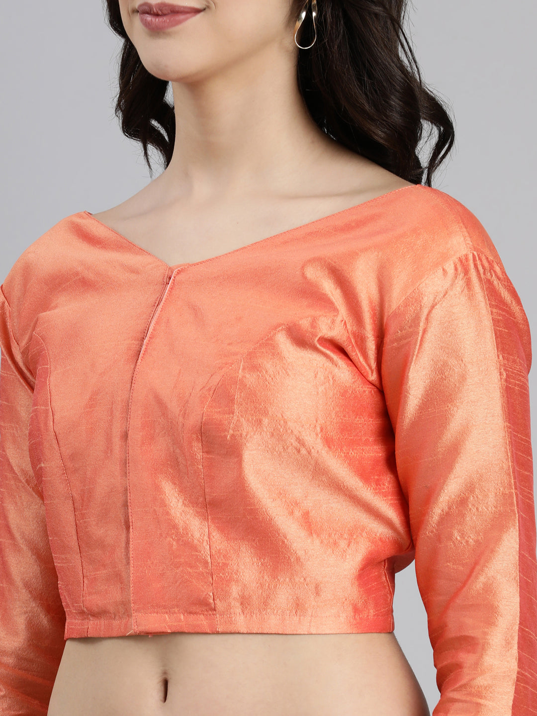 Peach Solid Three-Quarter Sleeves V-Neck Dupion Silk Knot Blouse