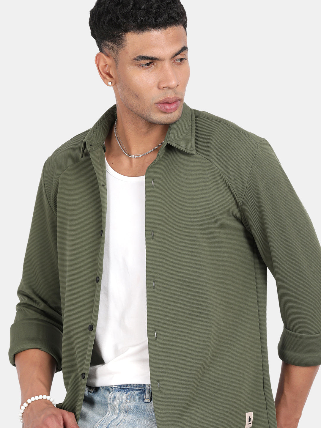 Men Olive Slim Fit Spread Collar Full Sleeve Casual Shirt