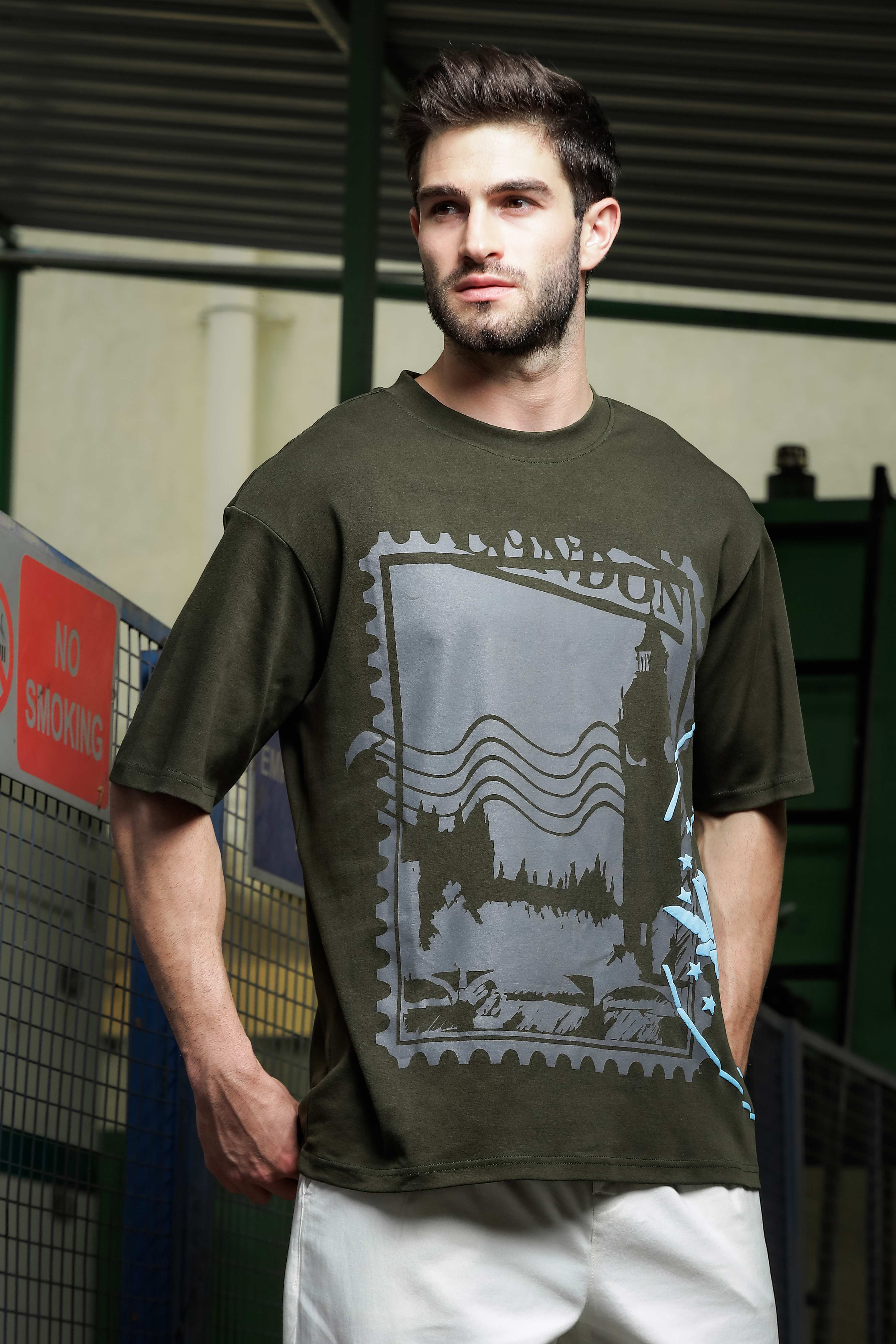 Unisex Olive Oversized Printed T-shirt