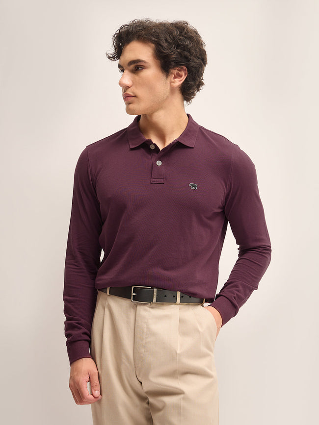 Men Maroon Solid Regular Fit Polo Collar T-shirt