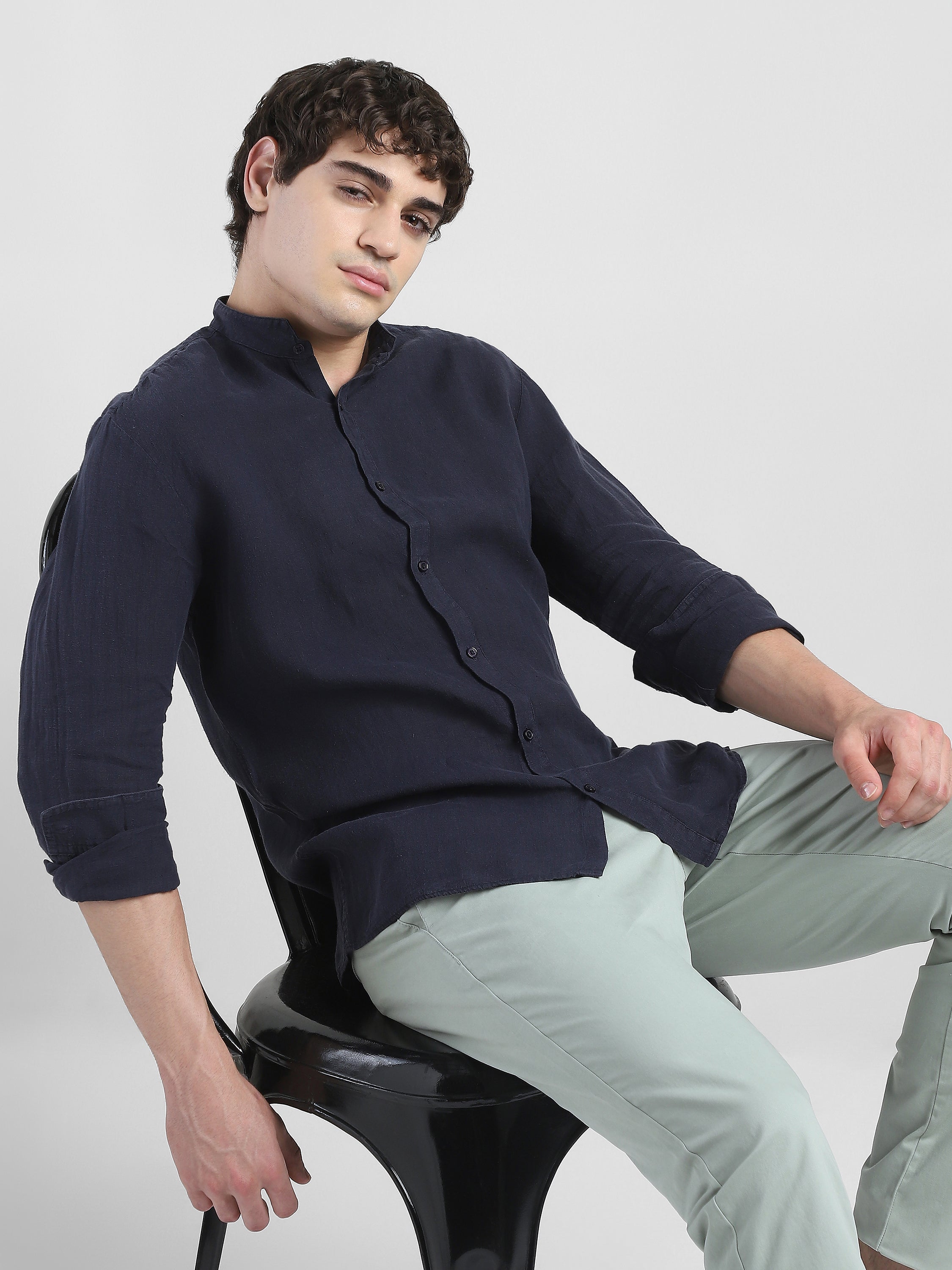 Men 100% Linen Navy Regular Fit  Shirt