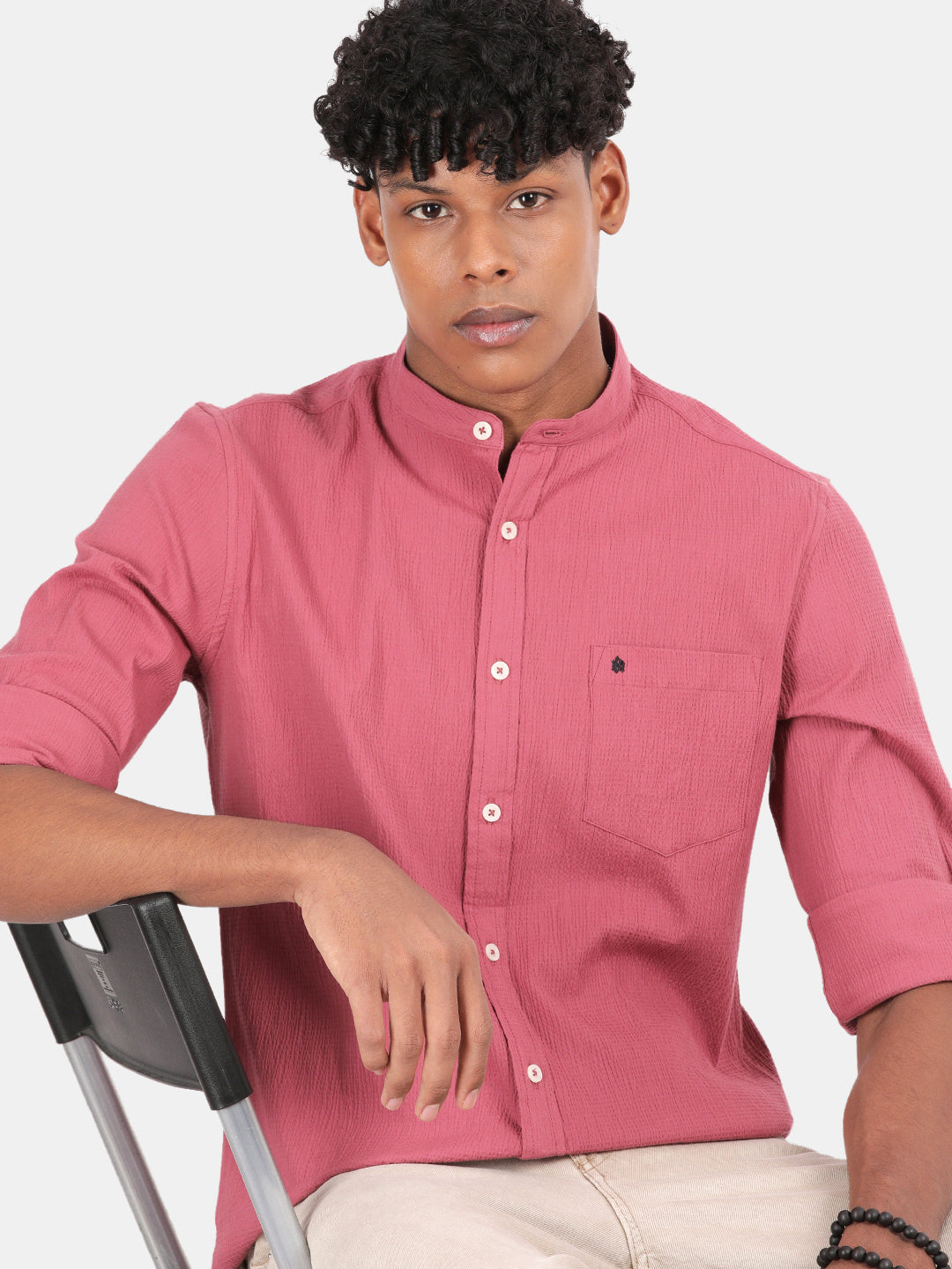 Men Pink Slim Fit Mandarin Collar Full Sleeve Casual Shirt