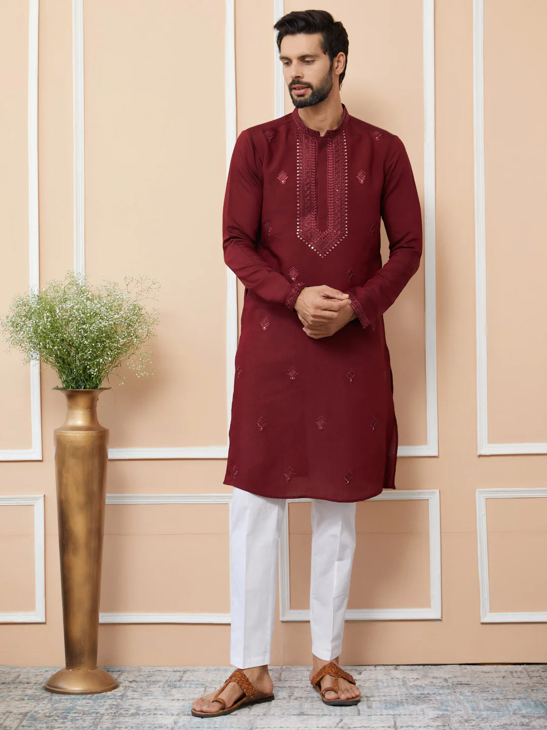 Men Maroon Embroidered Chanderi Silk Straight Kurta