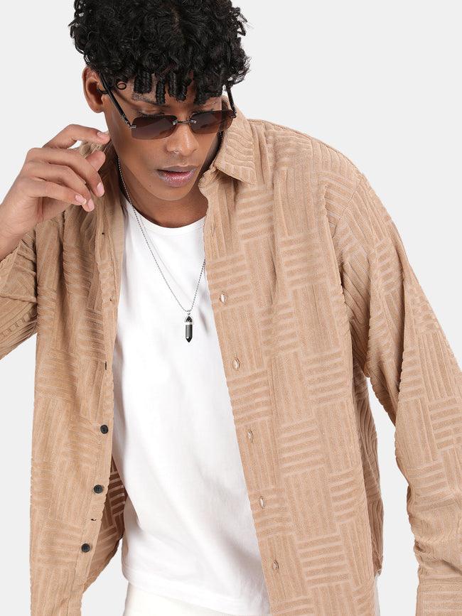 Men Cream Slim Fit Spread Collar Full Sleeve Casual Shirt